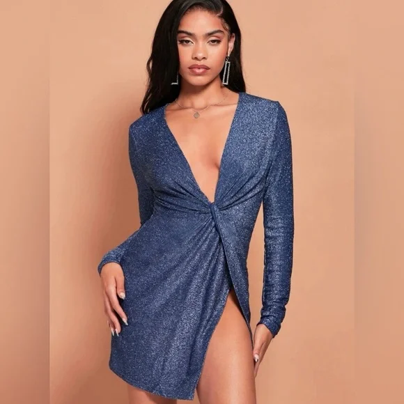 SHEIN BAE Deep V Neck Twist Front Wrap Glitter Dress size XL (12) - Picture 1 of 5
